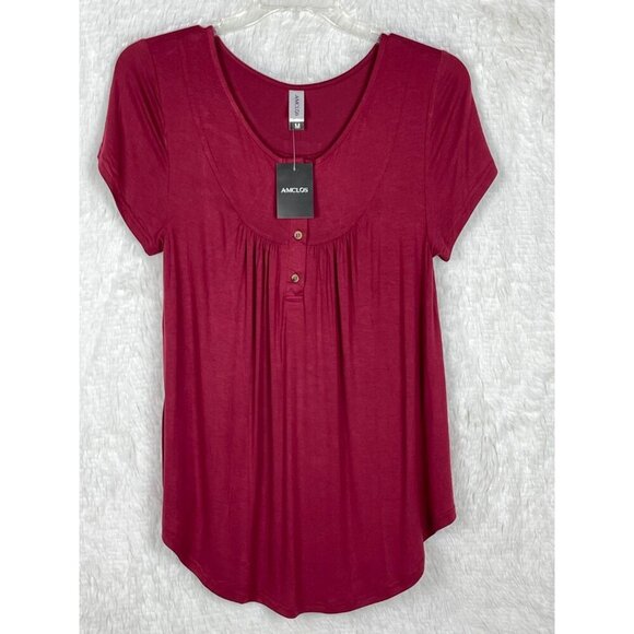 NWT Amclos Medium Short Sleeve Maroon Top Flowy Buttons Stretchy - Picture 1 of 7